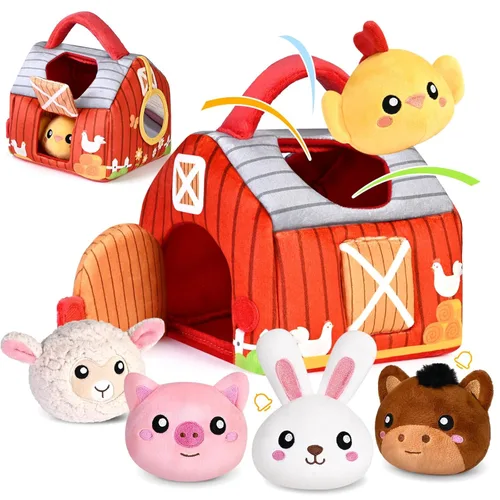 Juguetes para bebés de 0-6 6-12 meses, granero rojo grande de felpa con animales de granja, juguetes sensoriales suaves con crujido, sonajeros para