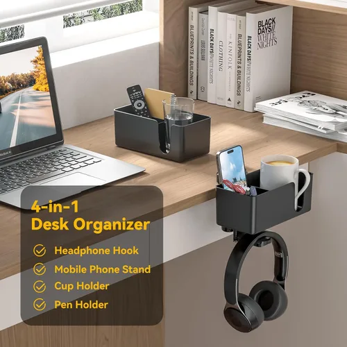 Miniatura 2 de KDD Soporte para tazas de escritorio 4 en 1 - Abrazadera para debajo del escritorio para auriculares - Soporte giratorio para auriculares con Negro