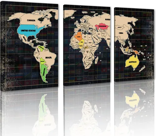 Miniatura 7 de MAMAGO Lienzo decorativo para pared, diseño de mapa de Estados Unidos, 3 paneles, fondo de madera, mapa de Estados Unidos, imagen y póster, arte