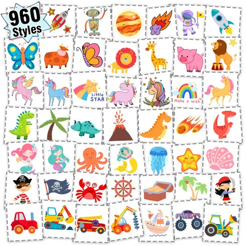 Partywind 960 tatuajes envueltos individualmente para niños a granel, lindas calcomanías temporales de tatuaje para fiestas de cumpleaños, tatuajes