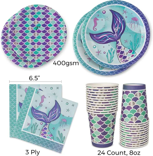 Miniatura 4 de Royal Bluebonnet Platos de fiesta de sirena – 24 juegos de platos de papel de sirena púrpura y suministros de servilletas, productos de papel