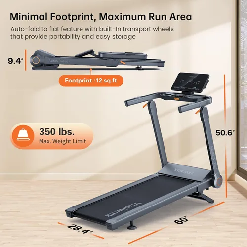 Miniatura 7 de Vitalwalk Foldable Treadmill with Auto Incline, 48"x18" Wide Running Belt, 10MPH, 3.5HP Brushless, Walking Pad Treadmill for Home, Auto Folding, No