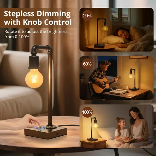Miniatura 2 de Lámpara de mesa industrial para dormitorio, lámpara de noche completamente regulable con puertos USB C+A, lámpara vintage con diseño de tubo