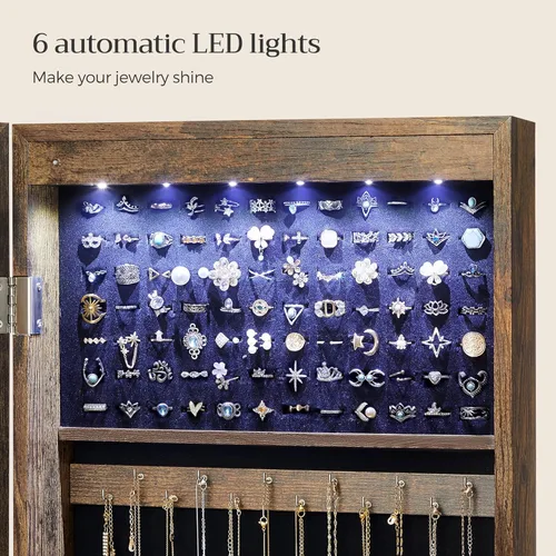 Miniatura 4 de SONGMICS - Gabinete organizador de joyas con 6 luces LED, para montar en la pared o en la puerta, de 47.3pulgadas de alto, con espejo y 2 cajones