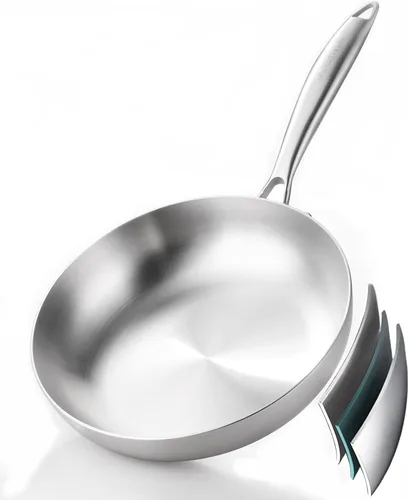DELARLO Sartén de acero inoxidable tricapa de 8 pulgadas de cuerpo entero, sartenes de chef aptas para horno y cocina de inducción, adecuadas para