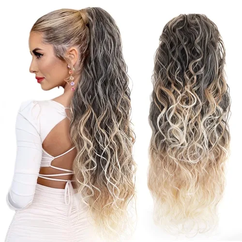 Miniatura 11 de Extensión de cola de caballo larga con cordón sintético de 26 pulgadas, moño rizado 4# Clip en extensión de pelo para mujer