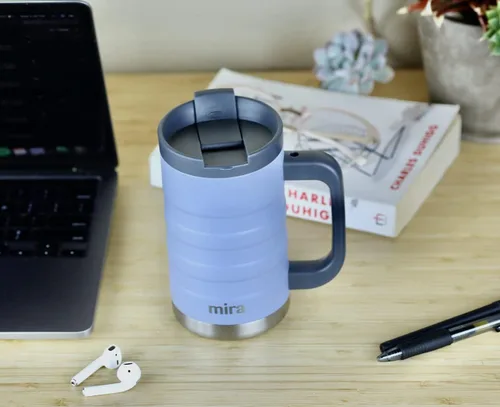 Miniatura 5 de MIRA Taza de café aislada de 14 onzas con asa, termo de acero inoxidable con tapa segura, taza para bebidas calientes y frías, azul almirante