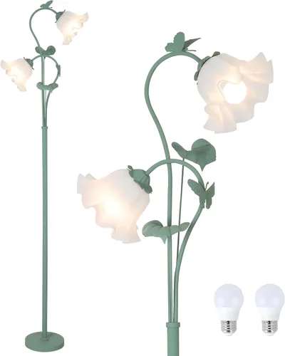 Miniatura 14 de HMVPL Lámpara de pie blanca con flores, lámpara alta floral con 2 bombillas LED de 5W, interruptor de pie, lámpara de pie moderna de esquina