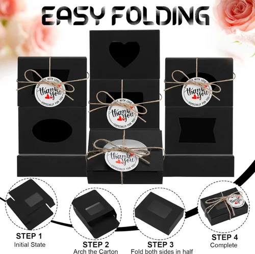 Miniatura 6 de Kosiz Paquete de 100 cajas de jabón Kraft con ventanas transparentes, 4 diseños de ventanas, kit de recuerdos de fiesta con etiquetas y cuerda, Negro