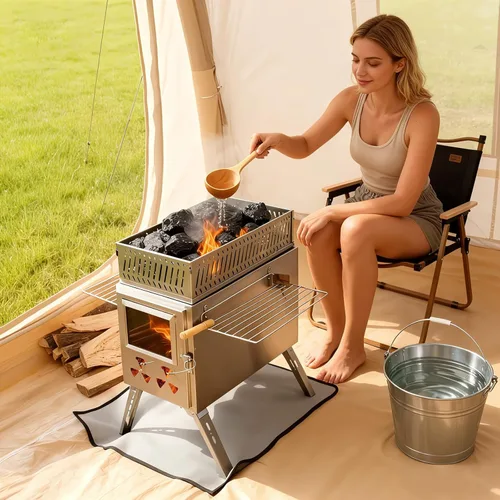 Miniatura 6 de Estufa de Sauna de Leña Mejorada para Tienda Caliente, Estufa de Leña para Tienda 2 en 1 con Tubo de Chimenea para Calentamiento al Aire Libre
