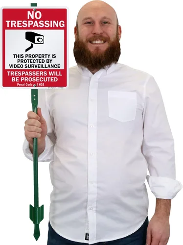 Miniatura 5 de SmartSign Letrero de 12 x 10 pulgadas, "No Trespassing - Propiedad protegida por videovigilancia, código penal § 602" con estaca de 3 pies, aluminio