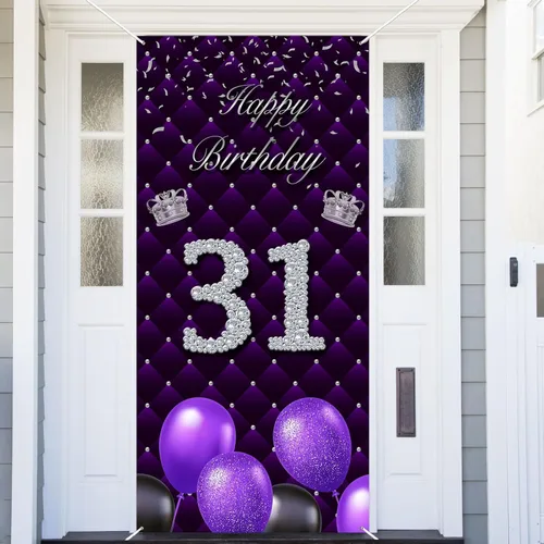Miniatura 21 de Cartel morado de feliz primer cumpleaños telón de fondo para cabina de fotos, globos de corona plateada, decoración temática para niña, aniversario
