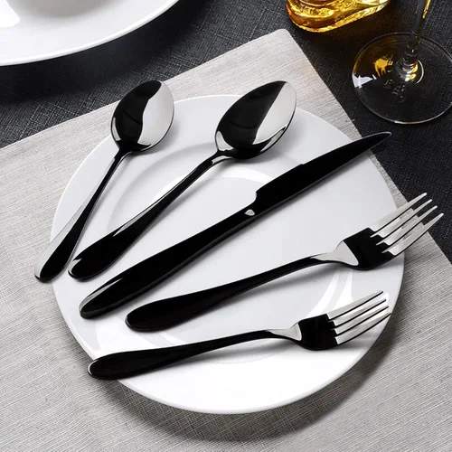Miniatura 4 de E-far Juego de cubiertos de acero inoxidable negro de 20 piezas, incluye cuchillo, cuchara, tenedor, pulido espejo, apto para lavavajillas, servicio
