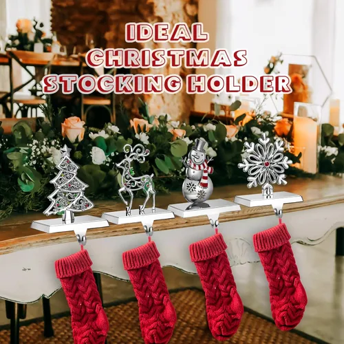 Miniatura 7 de GUOER Juego de 4 Soportes para Calcetines Navideños de Copo de Nieve para Repisa de Chimenea, Decoraciones Navideñas para Repisa de Chimenea