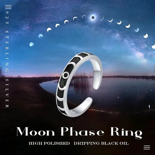 Miniatura 6 de CUOKA MIRACLE Anillo de luna lunar para mujer, anillo de fase lunar de plata de ley 925, anillo vintage abierto ajustable, anillo de declaración