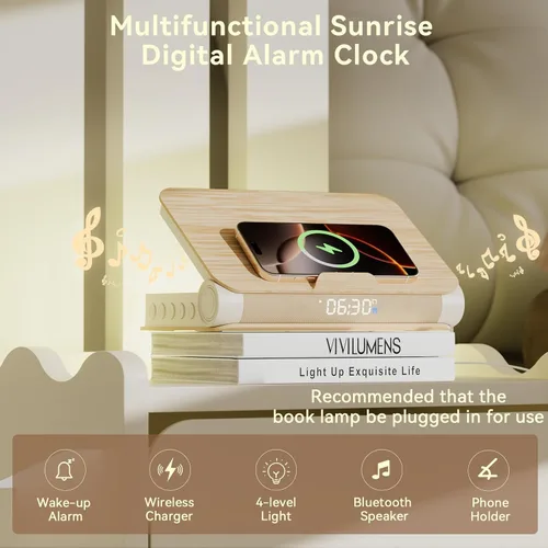 Miniatura 2 de Vivilumens Relojes Despertadores de Libro Cargador Inalámbrico Altavoz Bluetooth Lámpara de Amanecer Fuerte para Personas con Sueño Pesado Adultos