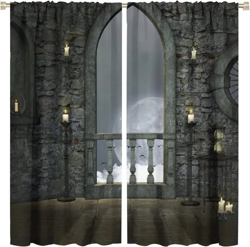Miniatura 13 de Cortinas góticas con diseño de luna de Halloween, historia, puerta espeluznante, fondo de terror, vela, ficción, patrón de impresión, sala de estar