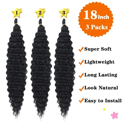 Miniatura 2 de Pelo ondulado de ganchillo de 18 pulgadas, cabello rizado trenzado, 3 paquetes de cabello trenzado de onda profunda para diosa, trenzas sin nudos