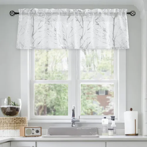 Miniatura 8 de FMFUNCTEX Cortinas de cenefa de ventana con estampado de ramas de árbol negro, cenefa corta semitransparente blanca para cocina, baño, bolsillo