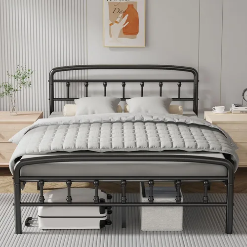 Miniatura 10 de Bastidores de cama de metal tamaño individual, marcos de cama resistentes de 1500 libras con cabecero, diseño sin ruido y almacenamiento debajo