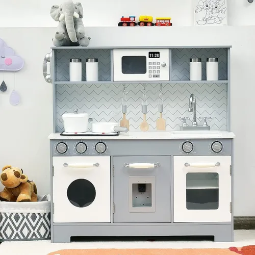 Costzon Juego de Cocina para Niños, Set de Juego de Cocina de Madera de Simulación con Estufa, Refrigerador, Microondas, Fregadero Removible,