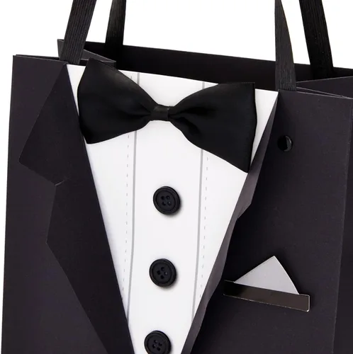 Miniatura 6 de Sparkle and Bash Bolsas de regalo para padrinos de boda con diseño de esmoquin 3D, pajarita de satén y botones reales, color negro, paquete de 6, 8