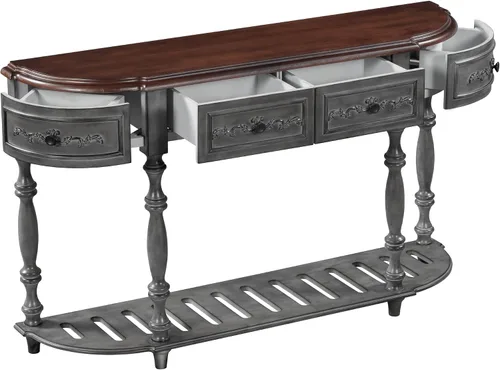 Miniatura 3 de LUMISOL Mesa de sofá estrecha con diseño curvo circular retro, mesa de consola con 4 cajones de almacenamiento y estante abierto, gris retro Gris