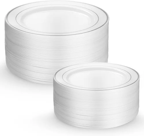Munfix Juego de 60 platos de plástico plateado, 30 piezas de cena de 10.25 pulgadas y 30 platos de postre de plástico de 7.5 pulgadas, elegantes