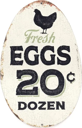 Miniatura 7 de Letrero de metal de huevos de granja frescos, letrero de cocina vintage con gallina y acabado envejecido