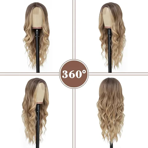 Miniatura 3 de NAYOO Peluca larga ondulada rubia ombré para mujer, de 26 pulgadas, parte media, rizada, ondulada, de aspecto natural, fibra sintética resistente al