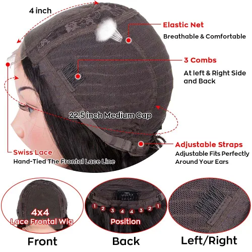 Miniatura 5 de Spotlight Pelucas de cabello humano lacio con encaje frontal de 4 x 4 para mujeres negras, densidad del 180 %, peluca con cierre de encaje virgen