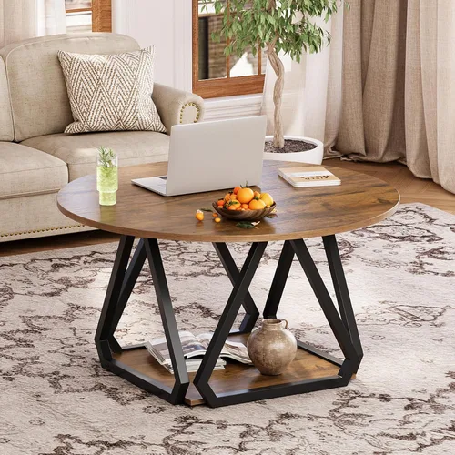 Miniatura 3 de Mesa auxiliar redonda, mesa central de 2 niveles de 31.5 pulgadas con estante de almacenamiento, mesa de centro de madera redonda rústica moderna