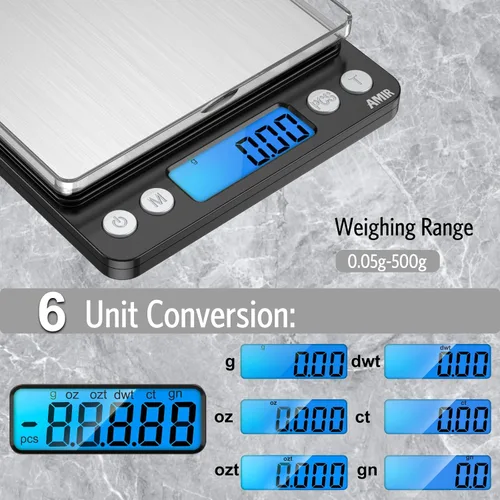Miniatura 4 de AMIR - Báscula digital de cocina, 17.64 oz, báscula de bolsillo para joyas, báscula de cocina con pantalla LCD retroiluminada, 2 bandejas, 6 Negro