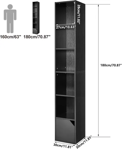 Miniatura 3 de IBUYKE Estantería estrecha de 6 niveles con puertas, gabinete de almacenamiento en cubo, CD y DVD, estante delgado de torre multimedia, gabinete