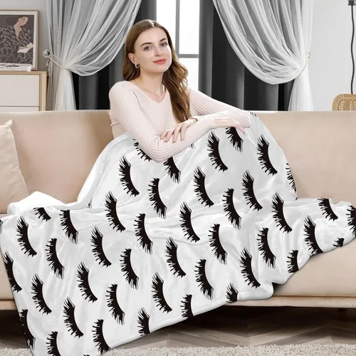 Miniatura 3 de Manta de pestañas en blanco y negro para sofá (50 x 60 pulgadas), manta de franela suave para decoración de habitaciones de pestañas, ropa de cama