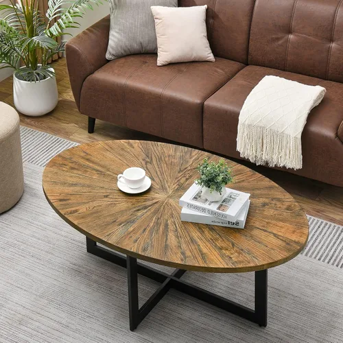 Miniatura 10 de Mesa de Centro Ovalada de Madera Maciza con Patas de Metal Cruzadas, Mesa Central Industrial Moderna de 43.3 Pulgadas con Estante Abierto Mesa