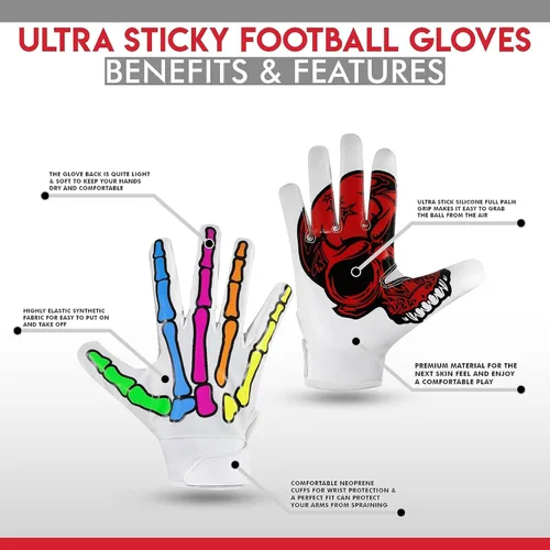 Miniatura 3 de Glorious Traders Youth Football Gloves American Wide Receiver Football Gloves for Adult Men Women & Boys with Super Sticky Silicone Grip Palms Blanco