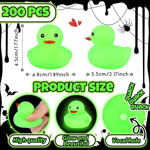 Miniatura 2 de Deekin 200 patos de goma de 2 pulgadas que brillan en la oscuridad a granel verdes chirriantes de verano iluminados, juguete flotante para bañera