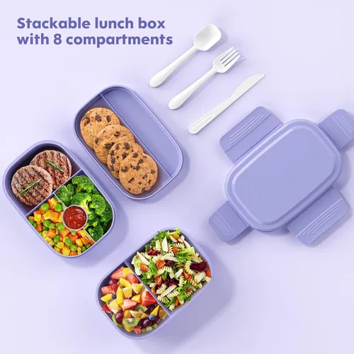 Miniatura 2 de HOMETALL - Lonchera bento apilable para niños y adultos, gran capacidad de 1900ml, contenedores de almuerzo a prueba de fugas con juego de cubiertos