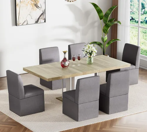 Miniatura 17 de Juego de mesa de comedor extensible para mesa de cocina extensible de 4, 5 piezas y 4 sillas de almacenamiento ocultas de lino tapizadas de madera