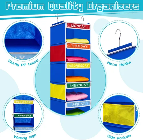 Miniatura 3 de Amylove Organizador semanal de ropa para niños, 2 piezas, con 7 estantes, organizador colgante de armario de 11.8 x 11.8 x 50 pulgadas, actividades