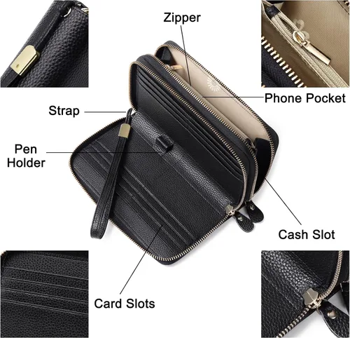 Miniatura 3 de SENDEFN Cartera grande de cuero con bloqueo RFID y cremallera alrededor para mujer, tarjetero de crédito con bolsillo con cremallera, Doble