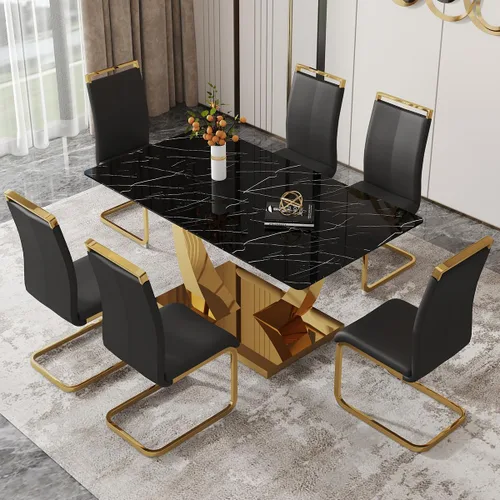 Miniatura 17 de Juego de mesa de comedor de 63 pulgadas para 4, juego de mesa de comedor dorado moderno para 4, juego de mesa de cocina de mármol sintético con negro