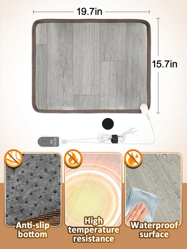 Miniatura 5 de Tapete calefactable de 15.7 x 19.7 pulgadas, calentador de pies debajo del escritorio, almohadilla térmica eléctrica de 110 V con 3 temporizadores