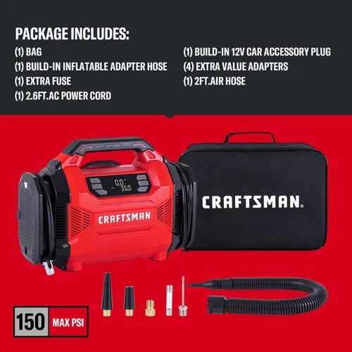 Miniatura 8 de CRAFTSMAN Inflador de neumáticos de doble potencia, compresor de aire portátil, enchufe de automóvil de 12 V CC y uso doméstico de 120 V CA, hasta