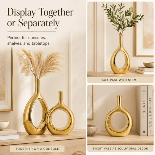 Miniatura 5 de Juego de 2 jarrones de cerámica dorados brillantes, jarrón moderno hueco circular con agujero para decoración del hogar, para centros de mesa, Oro