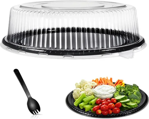 Miniatura 11 de Tessco for you 1 bandeja de servicio resistente con tapa transparente y tenedores, bandeja grande de plástico desechable para catering, plato negro