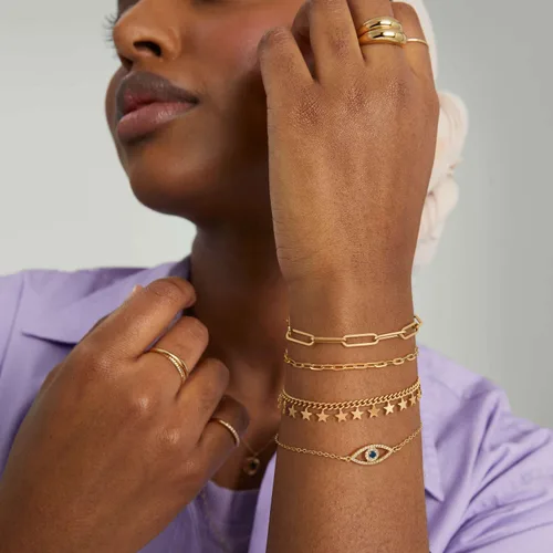 Miniatura 5 de Dremmy Studios Pulsera de oro para mujer, chapada en oro de 18 quilates, delicado clip de circonita cúbica, disco de moneda, estrella, cable