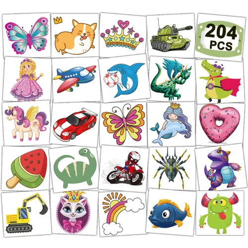CHARLENT 204 tatuajes temporales envueltos individualmente para niños, divertidos tatuajes para niños y niñas, regalos de fiesta de cumpleaños,