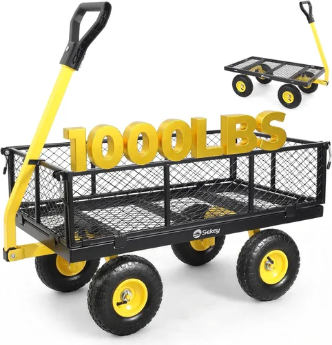 Miniatura 11 de Sekey Carrito de jardín de malla de acero de 600 libras para patio y patio trasero, carro utilitario con lados extraíbles (cama plana convertible)